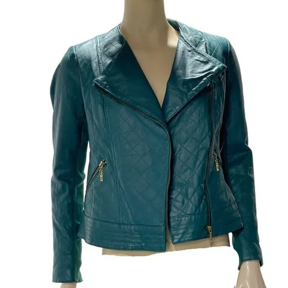 Iman Teal Leather Asymmetrical Moto Jacket XS Zipper Pockets Womens Size Small - Picture 2 of 13